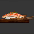 Fresh Sushi Slices on Wooden Board with Chopsticks and Soy Sauce Garnished