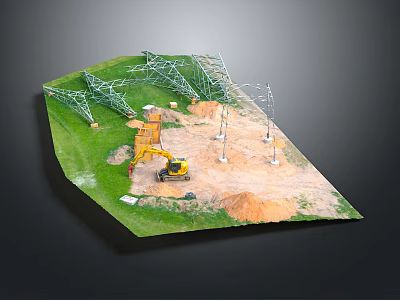Terrain Model With Green Grass Excavator Soil Mounds And High Voltage Tower Frames 3d model