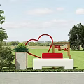 Park Setting With Heart Shaped Structure Red Bench Green Lawn Trees And Clear Sky 3d model