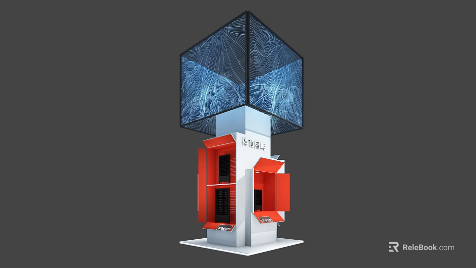 Modern Display Island Cabinet With Red White Design And Digital Screen 3d model 