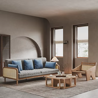 Ji-Ji Home Living Room Sofa Coffee Table Combination Rattan-Wooden Leisure Chair Rattan-Wooden Coffee Table Flannelette Rattan-Wooden Three-Person Sofa Pillow Main Support Jewelry Ornaments 3d model