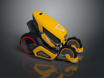 Futuristic Yellow Motorcycle With Four Red Rim Wheels And Unique Modern Design 3d model