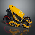 Futuristic Yellow Motorcycle With Four Red Rim Wheels And Unique Modern Design