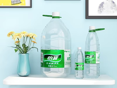 Mineral Water in Different Bottle Sizes Displayed on Light Blue Shelf with Yellow Flowers 3d model