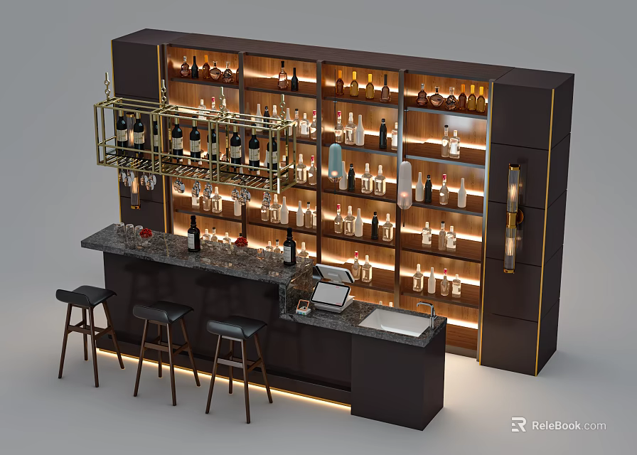 Modern Bar Counter With Marble Top Wine Racks Filled Wine Bottles Bar Stools And Lighting 3d model 