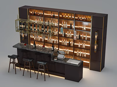 Modern Bar Counter With Marble Top Wine Racks Filled Wine Bottles Bar Stools And Lighting 3d model