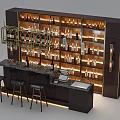 Modern Bar Counter With Marble Top Wine Racks Filled Wine Bottles Bar Stools And Lighting