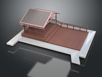 Outdoor Wooden Pavilion Structure With Roof Railing Platform And Base Design 3d model