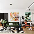 Modern Living and Dining Area Interior With Green Sofa Colorful Paintings Dining Table And Plants