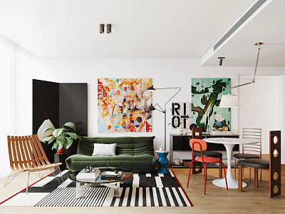 Modern Living and Dining Area Interior With Green Sofa Colorful Paintings Dining Table And Plants 3d model