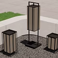 Modern Floor Standing Outdoor Lights With Black Frames Beige Shades And Green Plants In Garden