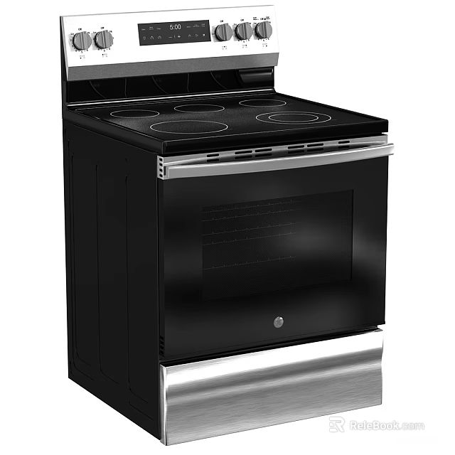Black Kitchen Stove Oven Combo With Four Burners Glass Door And Stainless Steel Base 3d model 