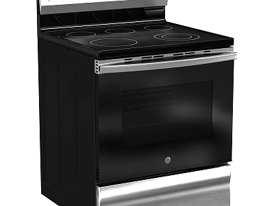 Black Kitchen Stove Oven Combo With Four Burners Glass Door And Stainless Steel Base 3d model