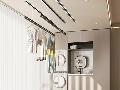 Clothes Hanger In Modern Laundry Room With Cabinets And Appliances 3d model
