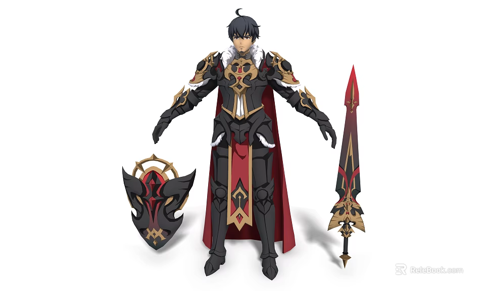 Game Movie Character In Heroic Armor With Red Cloak Shield And Sword Design 3d model 