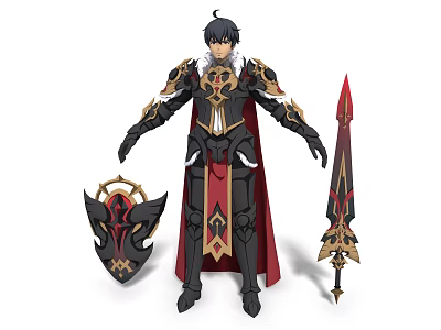 Game Movie Character In Heroic Armor With Red Cloak Shield And Sword Design 3d model