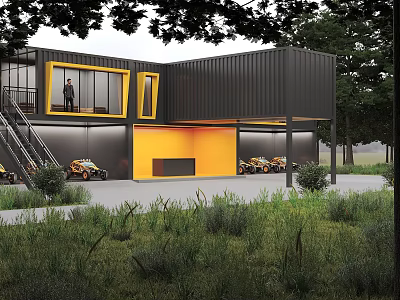 Modern Black Yellow Container Building Exterior With Staircase Grassland Trees And Parked Motorcycles 3d model