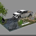 White Pickup Truck With Tepee Tent Small Stream Green Trees And Wooden Furniture Model Scene