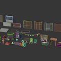 Diverse Scene Components Featuring Bricks Windows Doors Street Lamps Trolleys Tables Chairs and Ladders