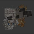 Damaged Industrial Scene Structure With Rusted Metal Platforms Debris And Rock Base