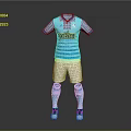 Blue Soccer Jersey With White Stripes KISTA Logo White Shorts Blue Socks Black White Shoes