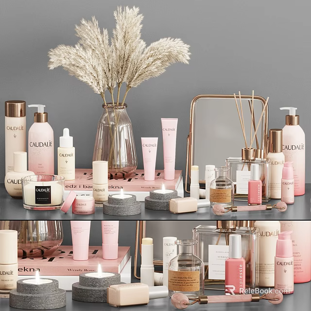 Chic Display of Daily Skincare and Cleansing Products with Bottles Containers and Decorative Items 3d model 