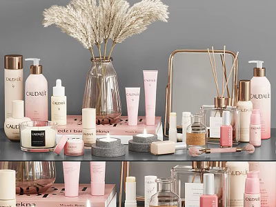 Chic Display of Daily Skincare and Cleansing Products with Bottles Containers and Decorative Items 3d model