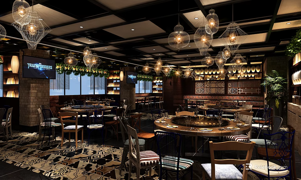 Stylish Restaurant Interior With Hanging Chandeliers Dining Tables Wine Racks And Green Plants 3d model 