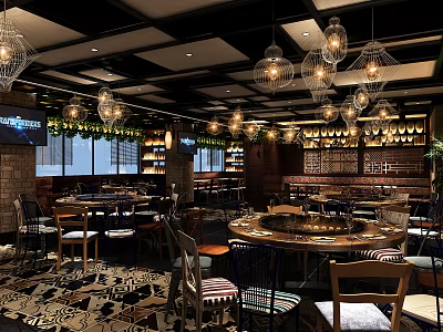 Stylish Restaurant Interior With Hanging Chandeliers Dining Tables Wine Racks And Green Plants 3d model