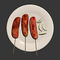 Grilled Sausages on Skewers Served on White Plate With Garlic Cloves