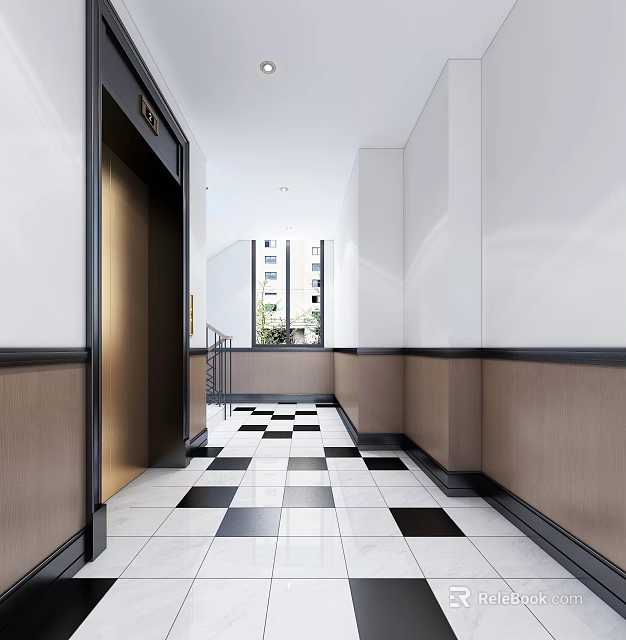 Elevator Corridor With Black White Checkered Tiles Wood Paneled Walls And Window 3d model 