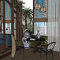 Home Balcony With Wooden Blinds Palm Tree Blue And White Vases Round Table Green Plants