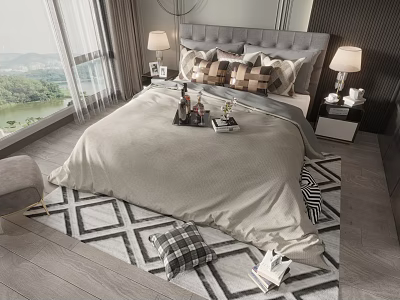 Modern Bedroom With Double Bed Gray Headboard Pillows Nightstands Table Lamps And Scenic View 3d model