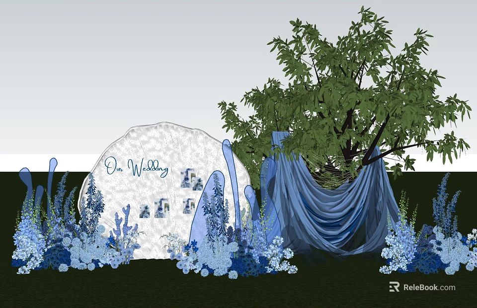 Dr Wiley Themed Window Display with White Backdrop Blue Decorations and Green Plants 3d model