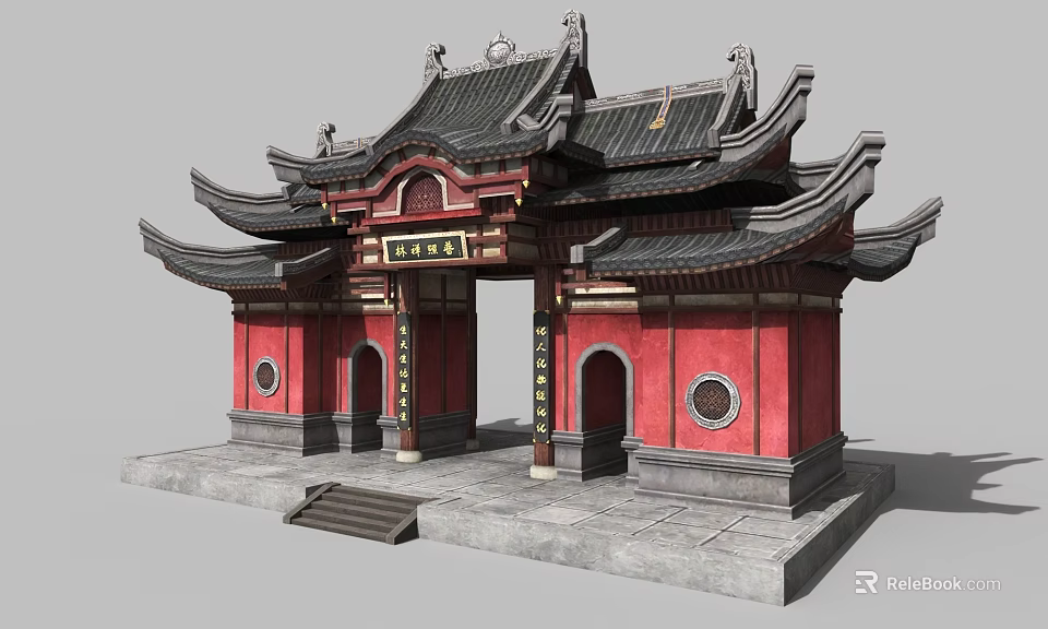 Traditional Chinese Style Entrance Gate With Red Walls Black Ornate Roof And Stone Steps 3d model 