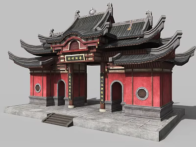Traditional Chinese Style Entrance Gate With Red Walls Black Ornate Roof And Stone Steps 3d model