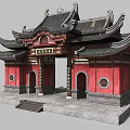 Traditional Chinese Style Entrance Gate With Red Walls Black Ornate Roof And Stone Steps