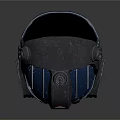 Futuristic Blue Helmet Featuring Orange Visor Gray Accents and Red Emblem Design