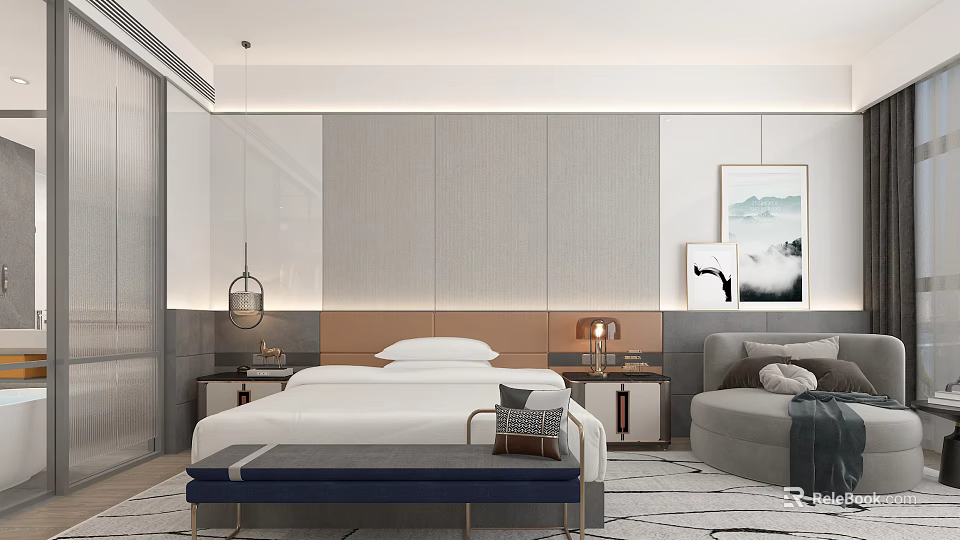 Modern Hotel Room Interior With Comfortable Bed Side Tables Accent Chair Artwork And Area Rug 3d model 