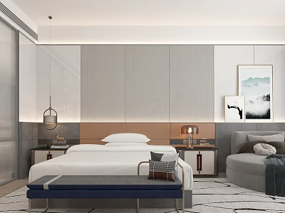Modern Hotel Room Interior With Comfortable Bed Side Tables Accent Chair Artwork And Area Rug 3d model