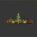 Fresh Pumpkins Displayed On Wooden Stand With Fence Barrels And Green Decorative Trees
