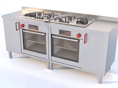 Stainless Steel Commercial Kitchen Equipment With Gas Stoves Double Ovens And Red Control Knobs 3d model