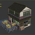 Traditional Two story House Featuring Black Tile Roof Wooden Deck and White Walls