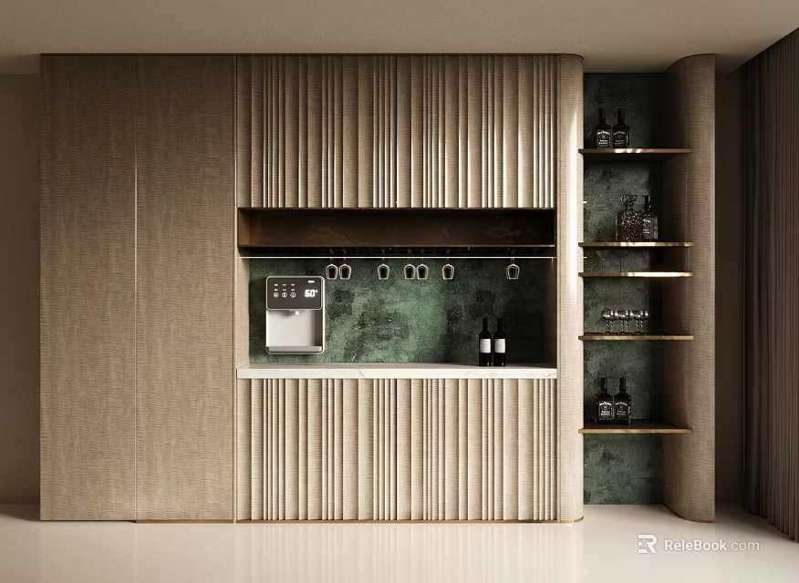 Modern Sideboard Cabinet Design With Wooden Ribbed Panels And Storage Shelves 3d model 