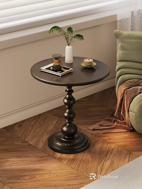 Elegant Black Round Side Table with Vase Coffee Cup Tray beside Green Sofa 3d model 