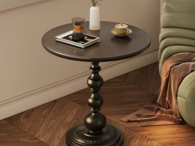 Elegant Black Round Side Table with Vase Coffee Cup Tray beside Green Sofa 3d model