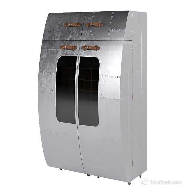 Stylish Modern Decorative Cabinet With Double Door Glass Window Pane And Metal Handles 3d model 