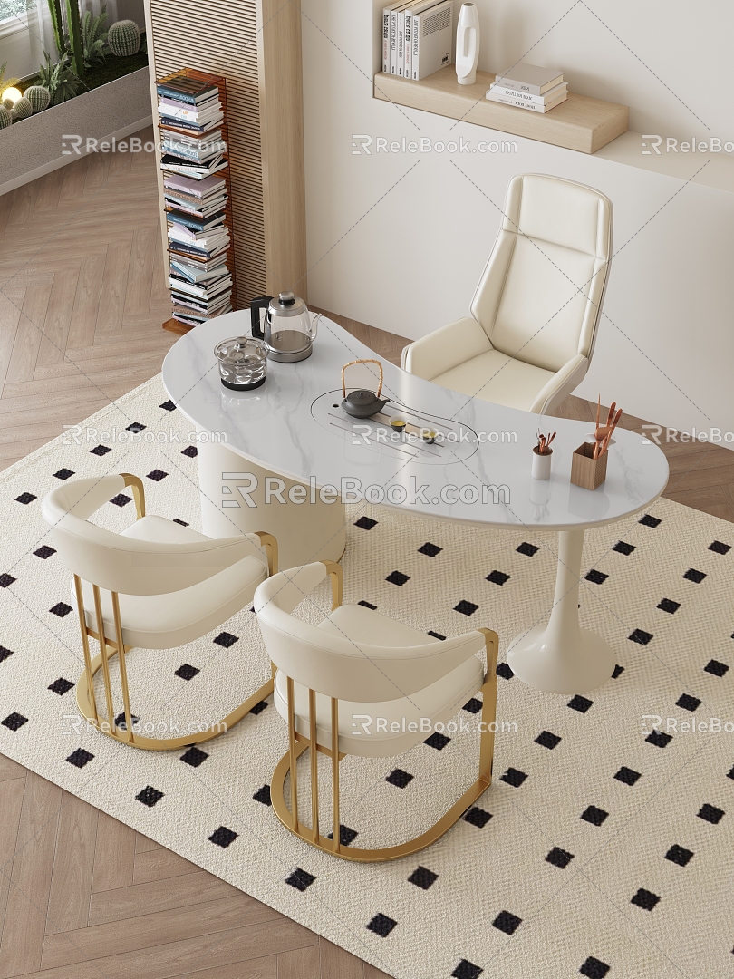 Cream style marble tea table and chair combination tea room marble tea table tea table rock plate tea table tea table tea area tea tray tea 3d model