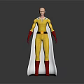 Bald Superhero Character In Yellow Costume With Red Gloves And White Cape