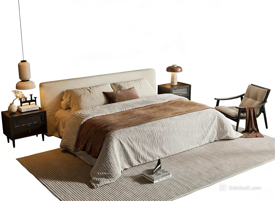 Double Bed Interior With Pillows Blanket Nightstands Table Lamps Armchair And Rug 3d model 